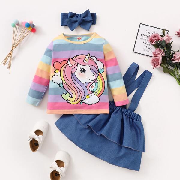 

Baby Unicorn Print Tee & Suspender Denim Skirt & Headband, Multicolor