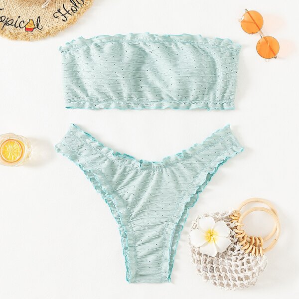 

Textured Frill Trim Bandeau High Cut Bikini Swimsuit, Cadet blue