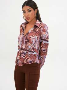 SHEIN Marble Print Collared Button Up Shirt - Multicolor - View 3