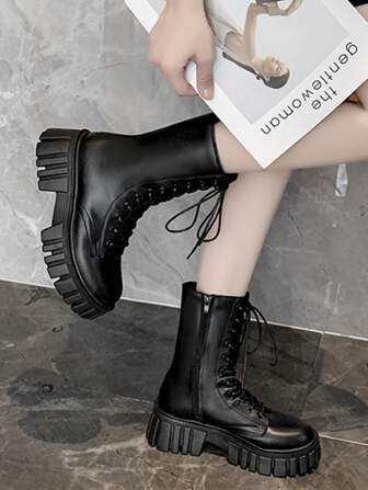 Fall/Winter 2025 Women's Black Solid Color Boots Fashion Match Jeans With Lace Up Fashion Match Jeans And Side Zip Design Flat Boots Valentines