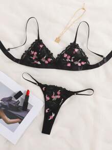 Floral Embroidered Bra & Panty Lingerie Set - Black - View 1