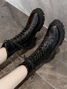 Botas negras de unicolor para mujer, Otoño/Invierno 2025. Diseño a juego con jeans con cordones y cremallera lateral, estilo plano. Regalo de San Valentín - Negro - Ver 3