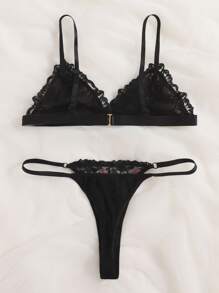 Floral Embroidered Bra & Panty Lingerie Set - Black - View 2