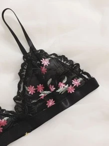 Floral Embroidered Bra & Panty Lingerie Set - Black - View 3