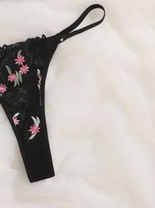Floral Embroidered Bra & Panty Lingerie Set - Black - View 4