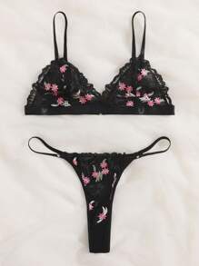 Floral Embroidered Bra & Panty Lingerie Set - Black - View 5