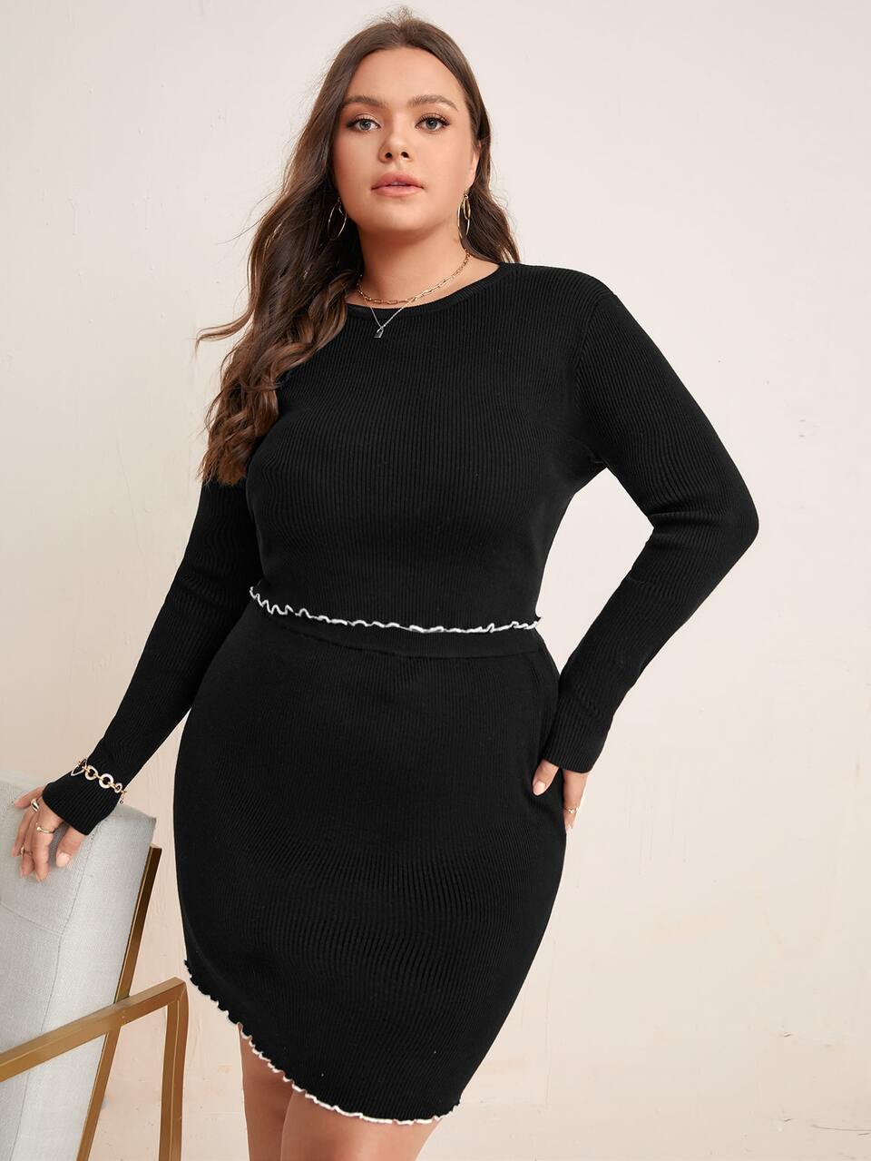 Plus Lettuce Trim Ribbed Knit Sweater & Knit Skirt