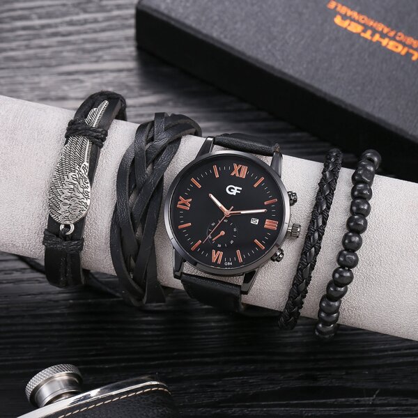 

1pc Men Round Pointer Date Quartz Watch & 4pcs Bracelet