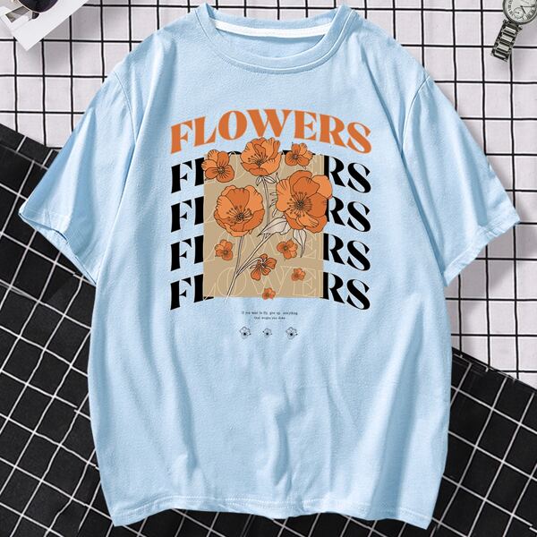 

Men Floral & Letter Graphic Tee, Baby blue