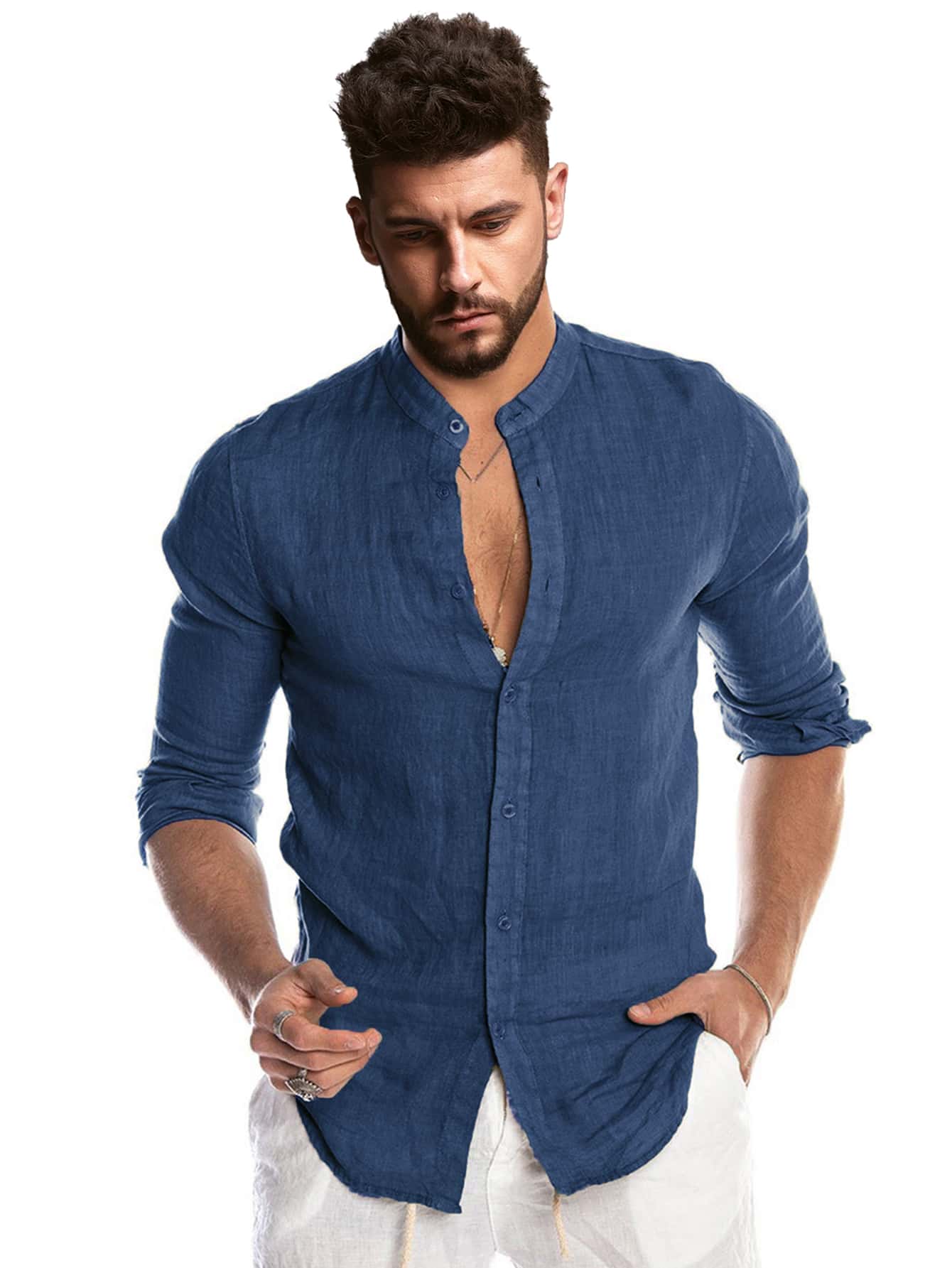 Manfinity RSRT Men Stand Neck Button Up Shirt - Navy Blue - View 1