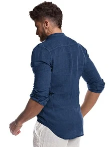 Manfinity RSRT Men Stand Neck Button Up Shirt - Navy Blue - View 2
