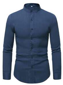Manfinity RSRT Men Stand Neck Button Up Shirt - Navy Blue - View 3