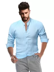 Manfinity RSRT Men Stand Neck Button Up Shirt - Baby Blue - View 1