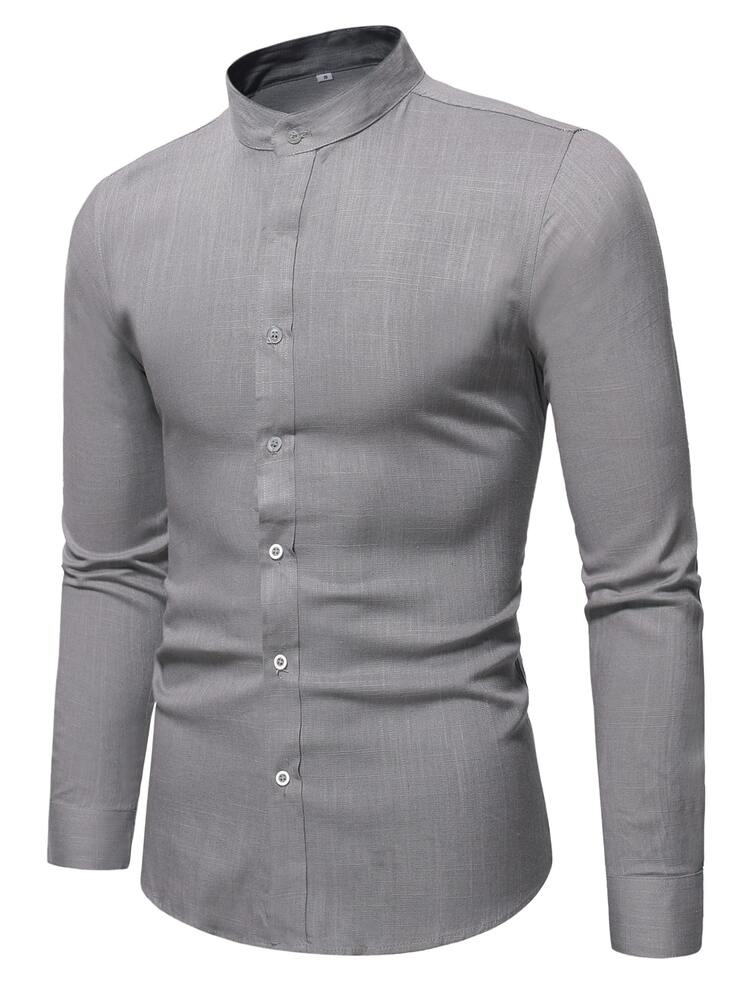 Manfinity RSRT Men Stand Neck Button Up Shirt - Grey - View 5