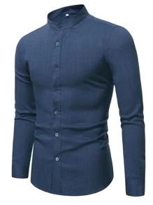 Manfinity RSRT Men Stand Neck Button Up Shirt - Navy Blue - View 5