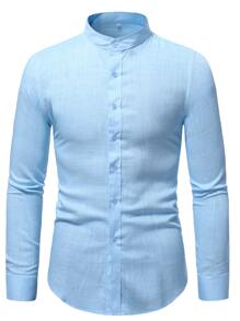 Manfinity RSRT Men Stand Neck Button Up Shirt - Baby Blue - View 4