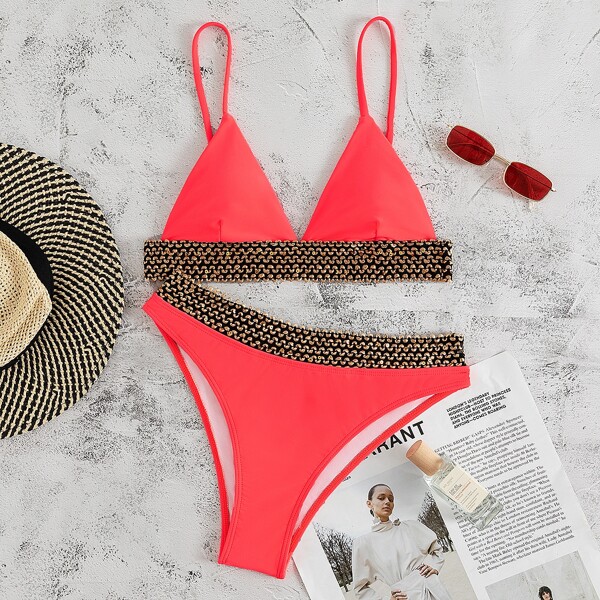 

Contrast Trim Triangle Bikini Swimsuit, Watermelon pink