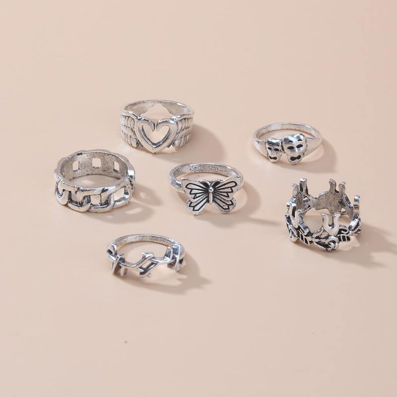 

6pcs Butterfly & Heart Decor Ring, Silver