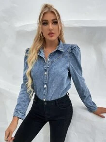 素色泡泡袖牛仔上衣 - 中等水洗藍 - 查看 1