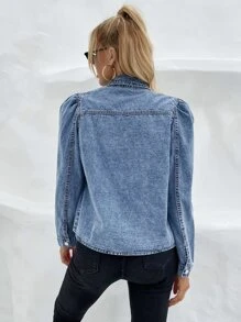 素色泡泡袖牛仔上衣 - 中等水洗藍 - 查看 2