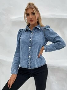 素色泡泡袖牛仔上衣 - 中等水洗藍 - 查看 5