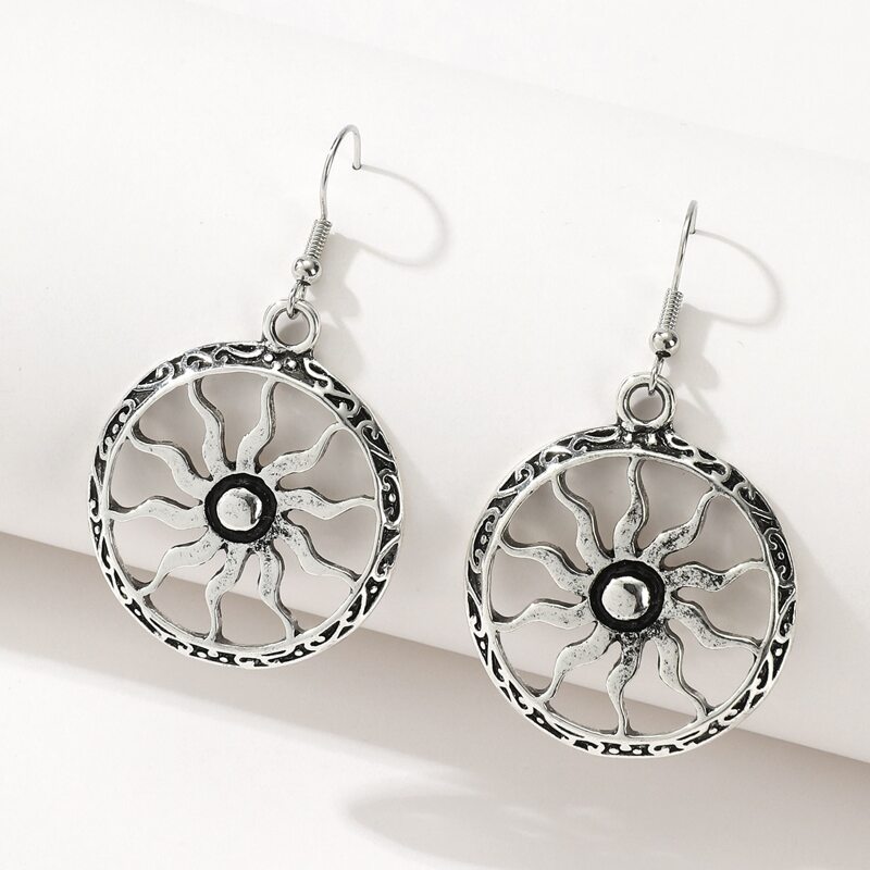 

Hollow Out Sun Drop Earrings, Antique silver