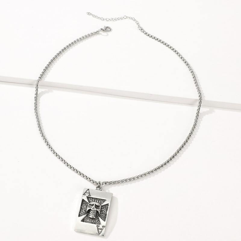 

Guys Skull Pendant Chain Necklace, Antique silver