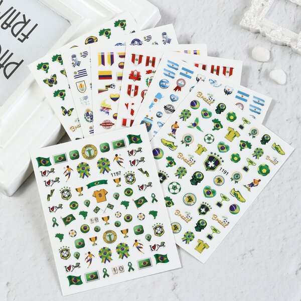 

12sheets Football & Flag Pattern Nail Art Sticker, Multicolor