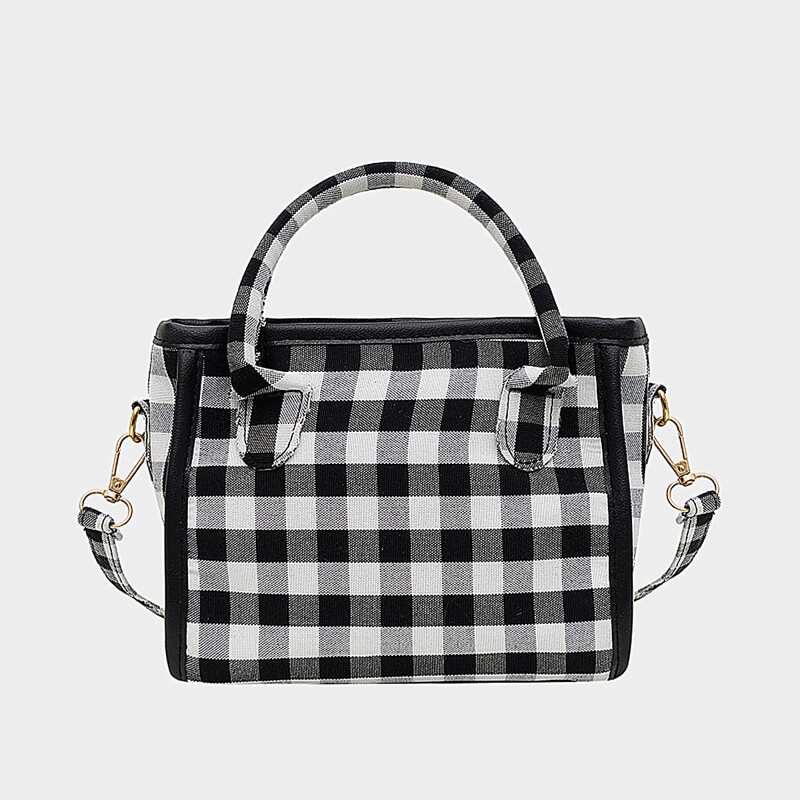 

Gingham Satchel Bag, Black and white