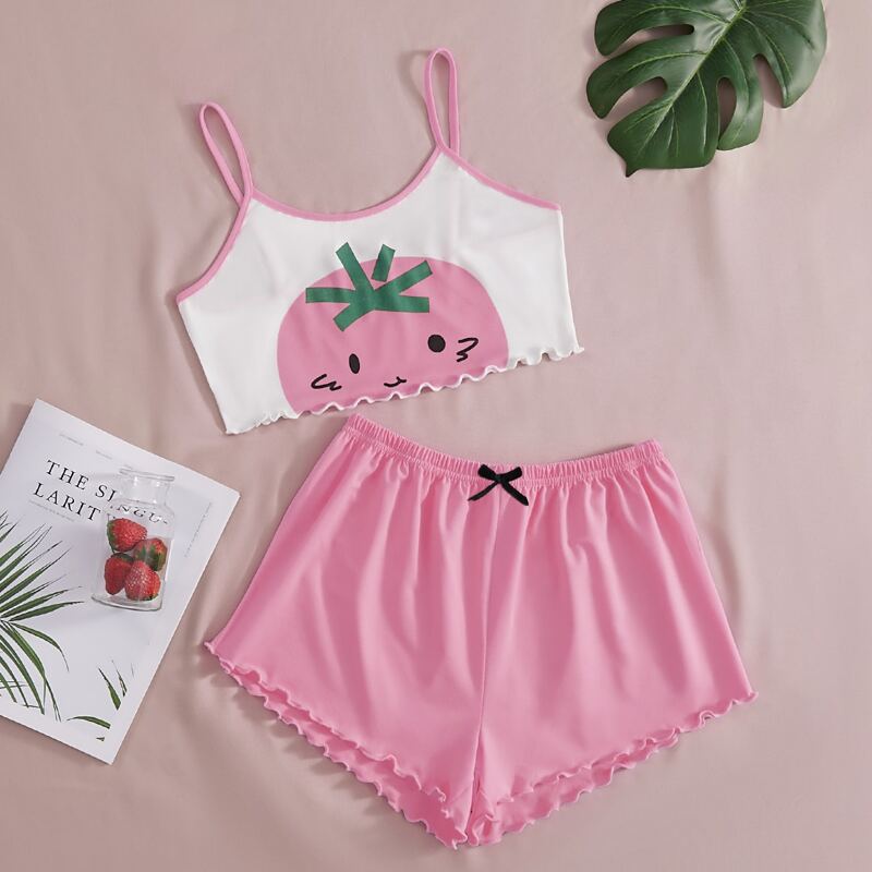 

Cartoon Graphic Lettuce Trim Pajama Set, Multicolor