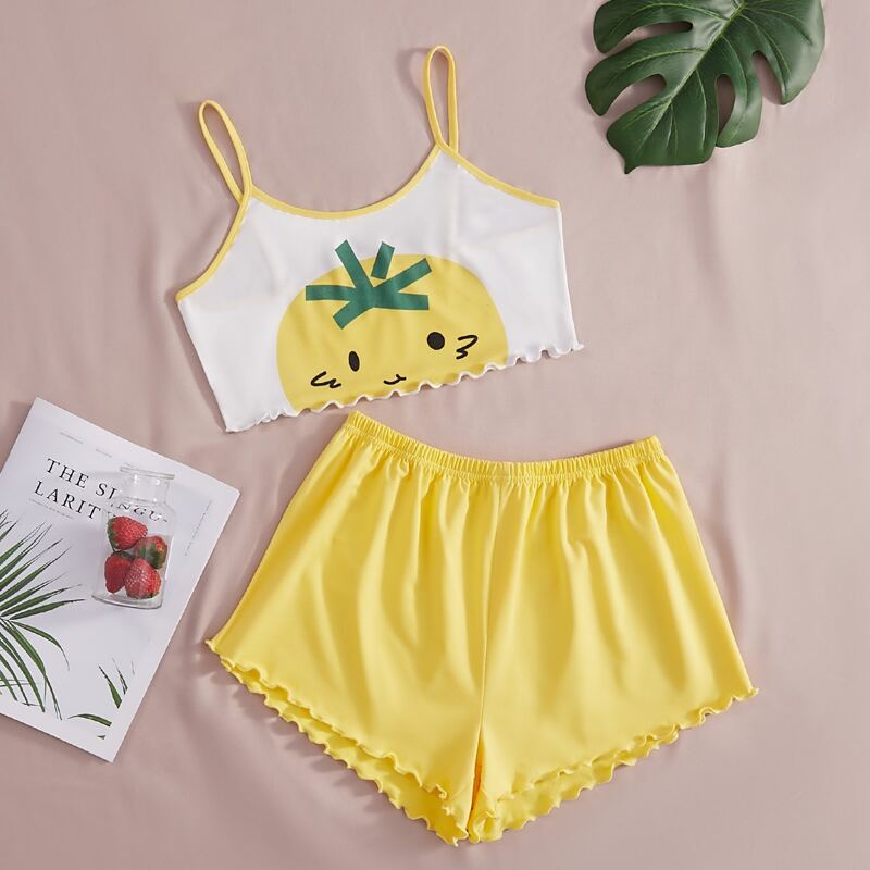 

Cartoon Graphic Lettuce Trim Pajama Set, Multicolor