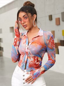 SHEIN Top con estampado de mármol con diseño de aro de malla - Multicolor - Ver 4