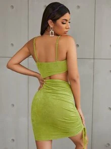 SHEIN Cut Out Drawstring Side Ruched Bodycon Dress - Olive Green - View 3