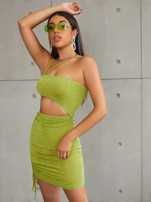 SHEIN Cut Out Drawstring Side Ruched Bodycon Dress - Olive Green - View 4