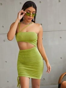 SHEIN Cut Out Drawstring Side Ruched Bodycon Dress - Olive Green - View 5