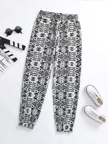 女孩滿版印花彈性腰帶長褲 - 黑與白 - 查看 1