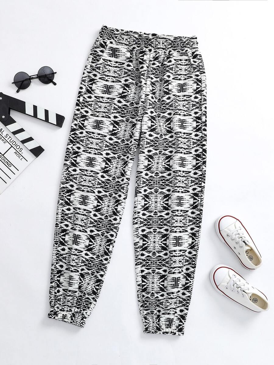 女孩滿版印花彈性腰帶長褲 - 黑與白 - 查看 1