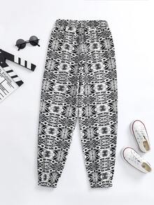 女孩滿版印花彈性腰帶長褲 - 黑與白 - 查看 2