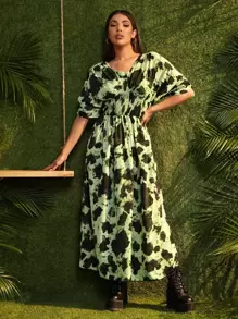 SHEIN VCAY 紮染打褶蝙蝠袖洋裝