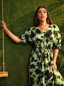 SHEIN VCAY 紮染打褶蝙蝠袖洋裝