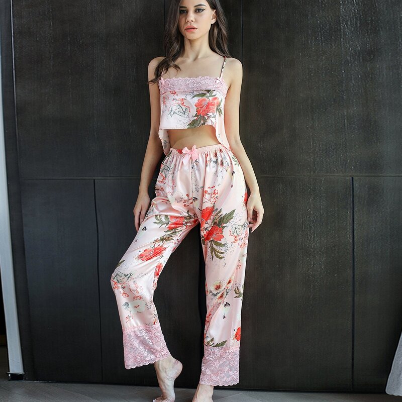 

Floral Print Lace Panel Crop Satin Cami Top & Pants Night Set, Multicolor