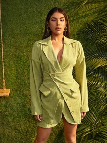 Lapel Collar Button Detail Drop Shoulder Blazer - Lime Green - View 1