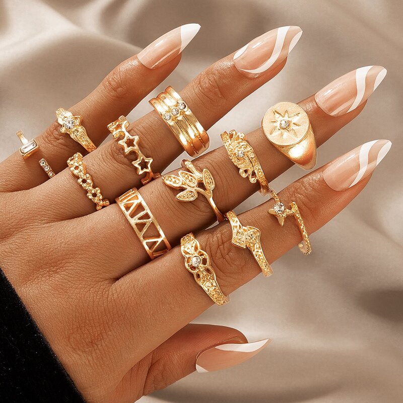 

12pcs Star & Leaf Ring, Gold