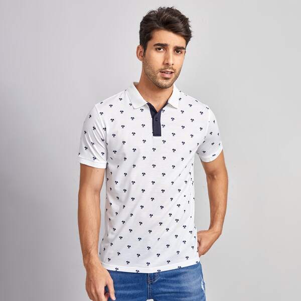 

Men Palm Tree Print Polo Shirt, White