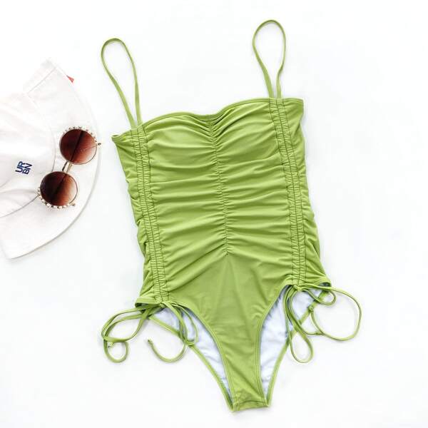 

Plain Ruched Drawstring One Piece Swimsuit, Olive green