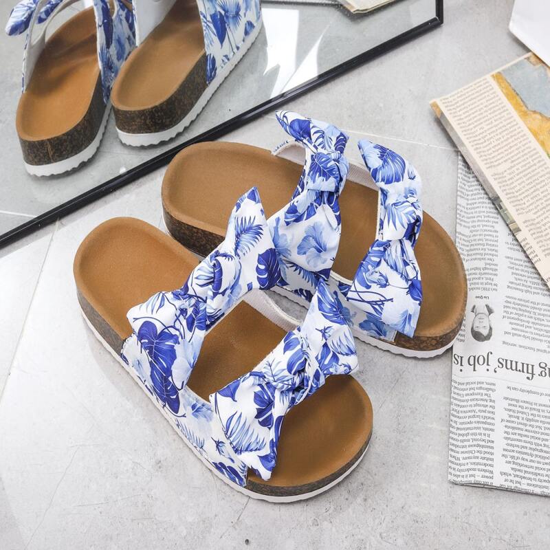 

Plant Graphic Bow Decor Footbed Sandals, Blue