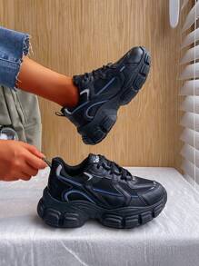 Minimalist Lace-up Front Chunky Sneakers - Black - View 3