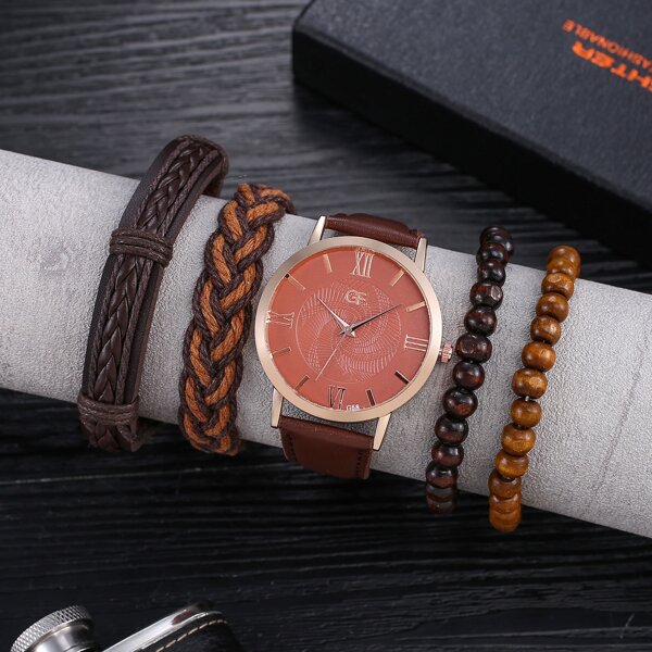 

1pc Men Round Pointer Quartz Watch & 4pcs Bracelet