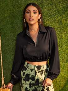 SHEIN Unity 鬆緊邊半拉鏈短款套頭衫 - 黑色 - 查看 1