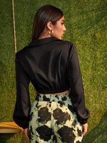 SHEIN Unity 鬆緊邊半拉鏈短款套頭衫 - 黑色 - 查看 2